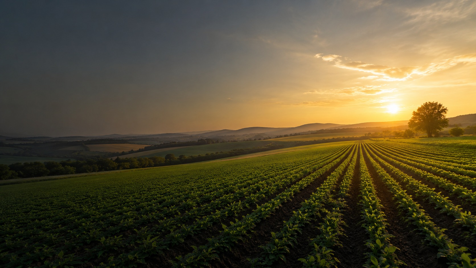 Rows of productive farmland at sunset